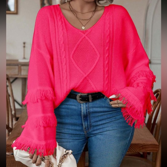 Plus size cozy fringe detail cable knit sweater top - Picture 9 of 16